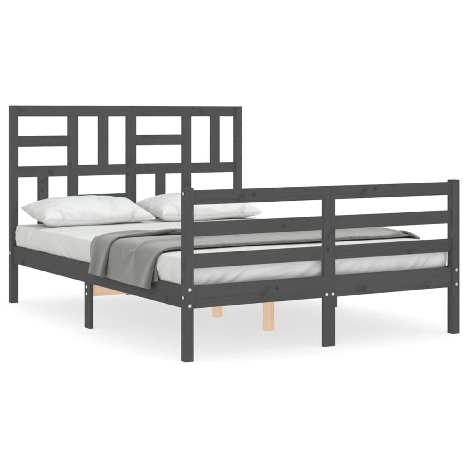 The Living Store Bedframe met hoofdbord massief hout grijs 4FT Small Double - Bedframe - Bedframes - Bed - Tweepersoonsbed - Slaapkamermeubel - Houten Bedframe - Houten Bed - Bedbo