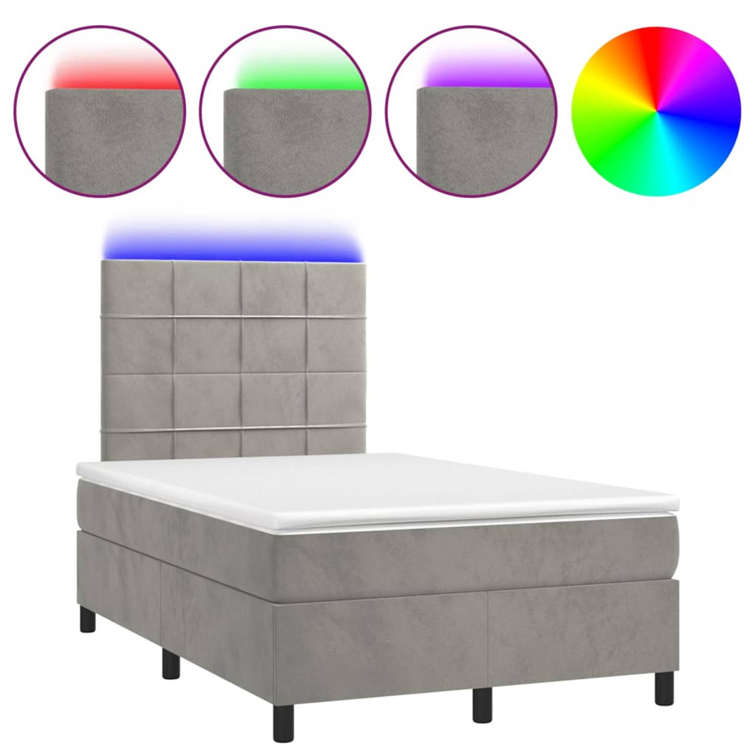 The Living Store Boxspring met matras en LED fluweel lichtgrijs 120x200 cm - Bed