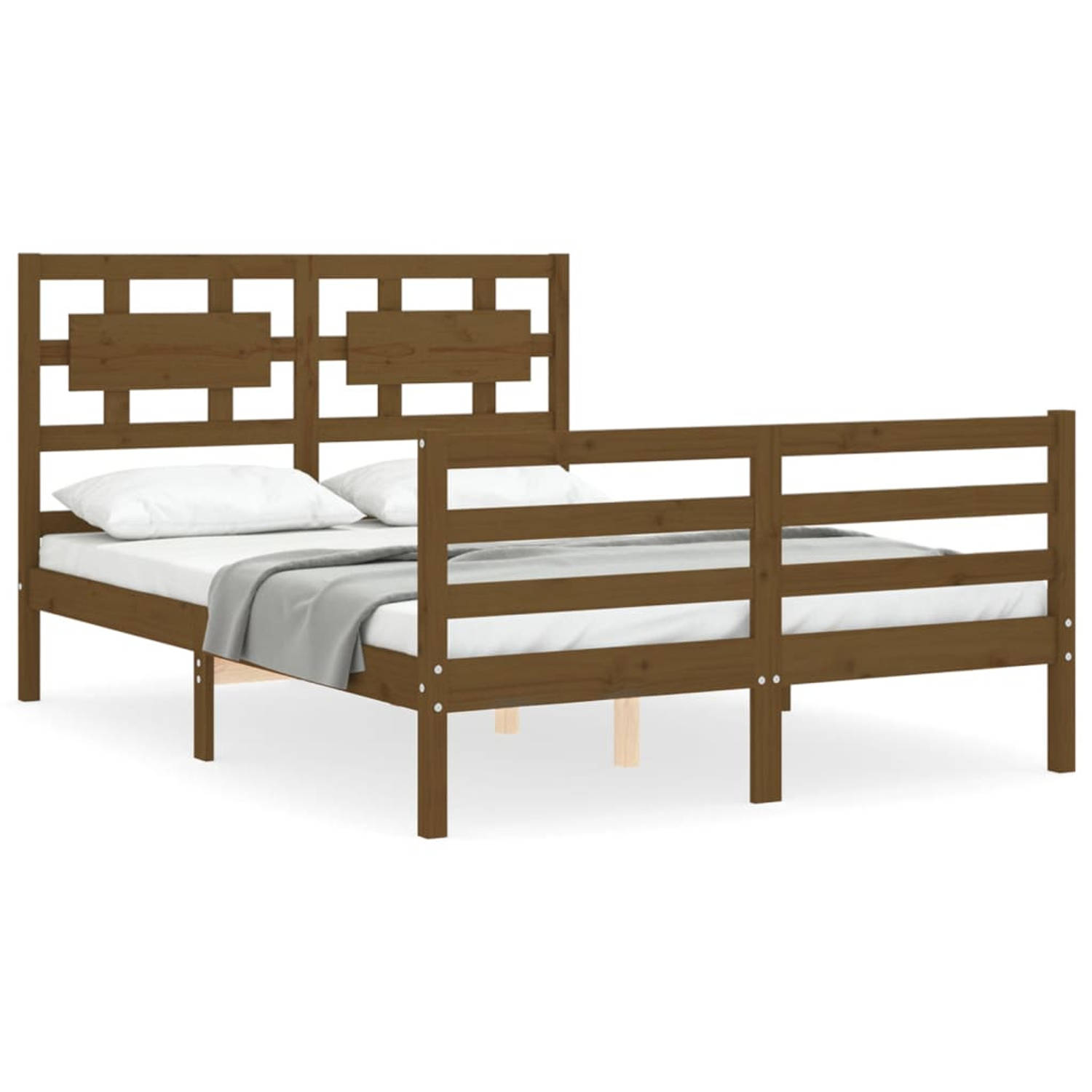 The Living Store Bedframe met hoofdbord massief hout honingbruin 120x200 cm - Bedframe - Bedframes - Bed - Tweepersoonsbed - Slaapkamermeubel - Houten Bedframe - Houten Bed - Bedbo
