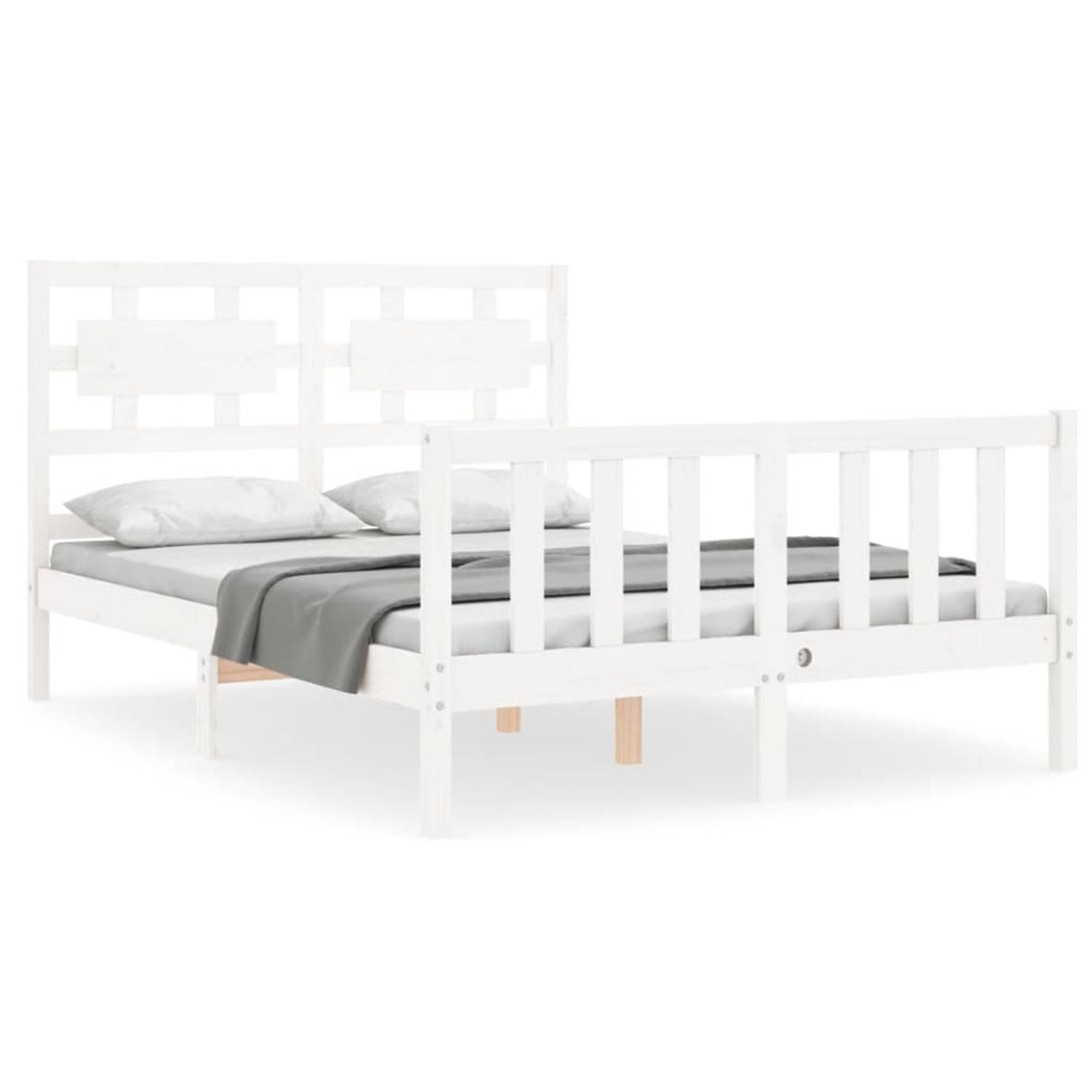 The Living Store Bedframe met hoofdbord massief hout wit 140x190 cm - Bedframe - Bedframes - Bed - Tweepersoonsbed - Slaapkamermeubel - Houten Bedframe - Houten Bed - Bedbodem - Ma