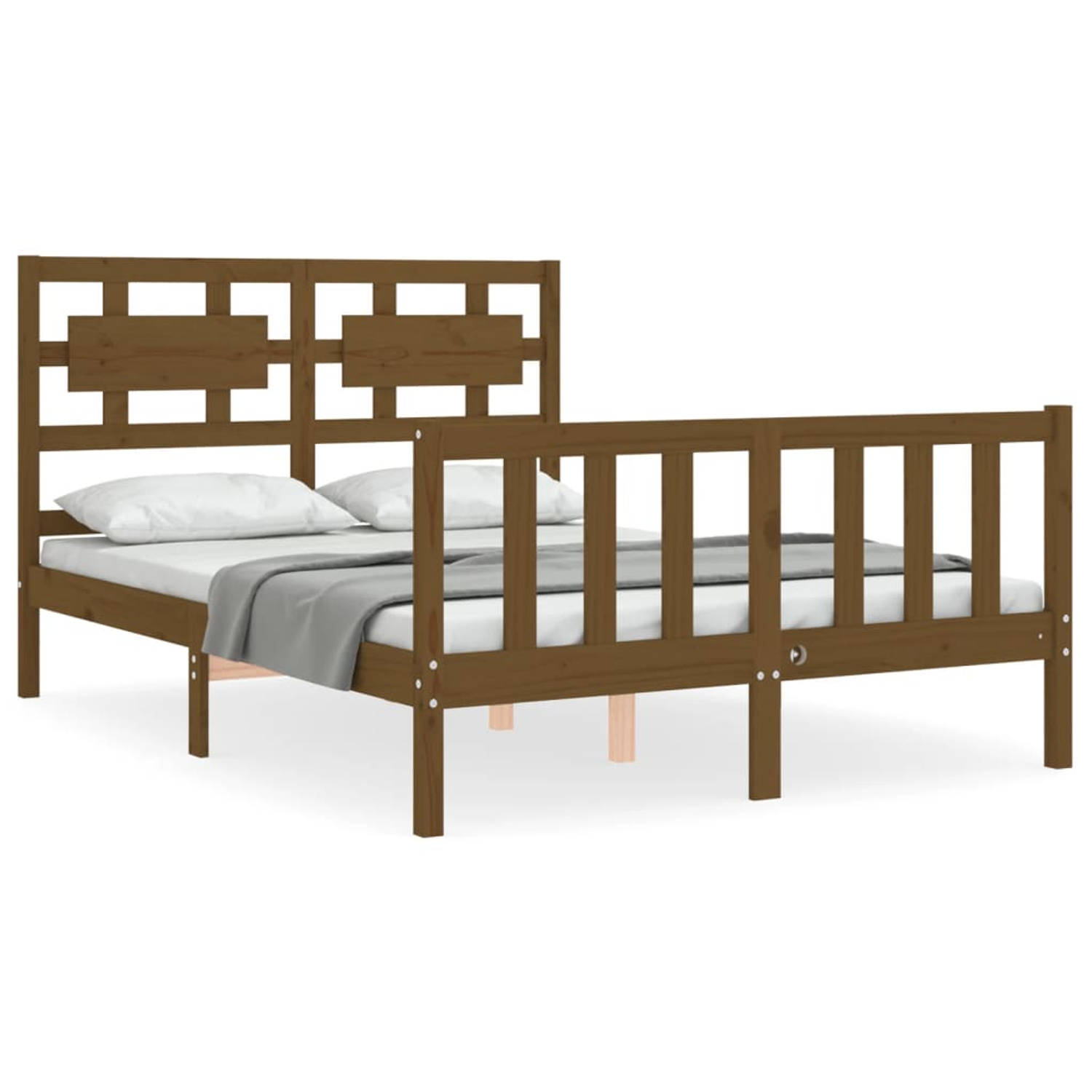 The Living Store Bedframe met hoofdbord massief hout honingbruin 140x200 cm - Bedframe - Bedframes - Bed - Tweepersoonsbed - Slaapkamermeubel - Houten Bedframe - Houten Bed - Bedbo