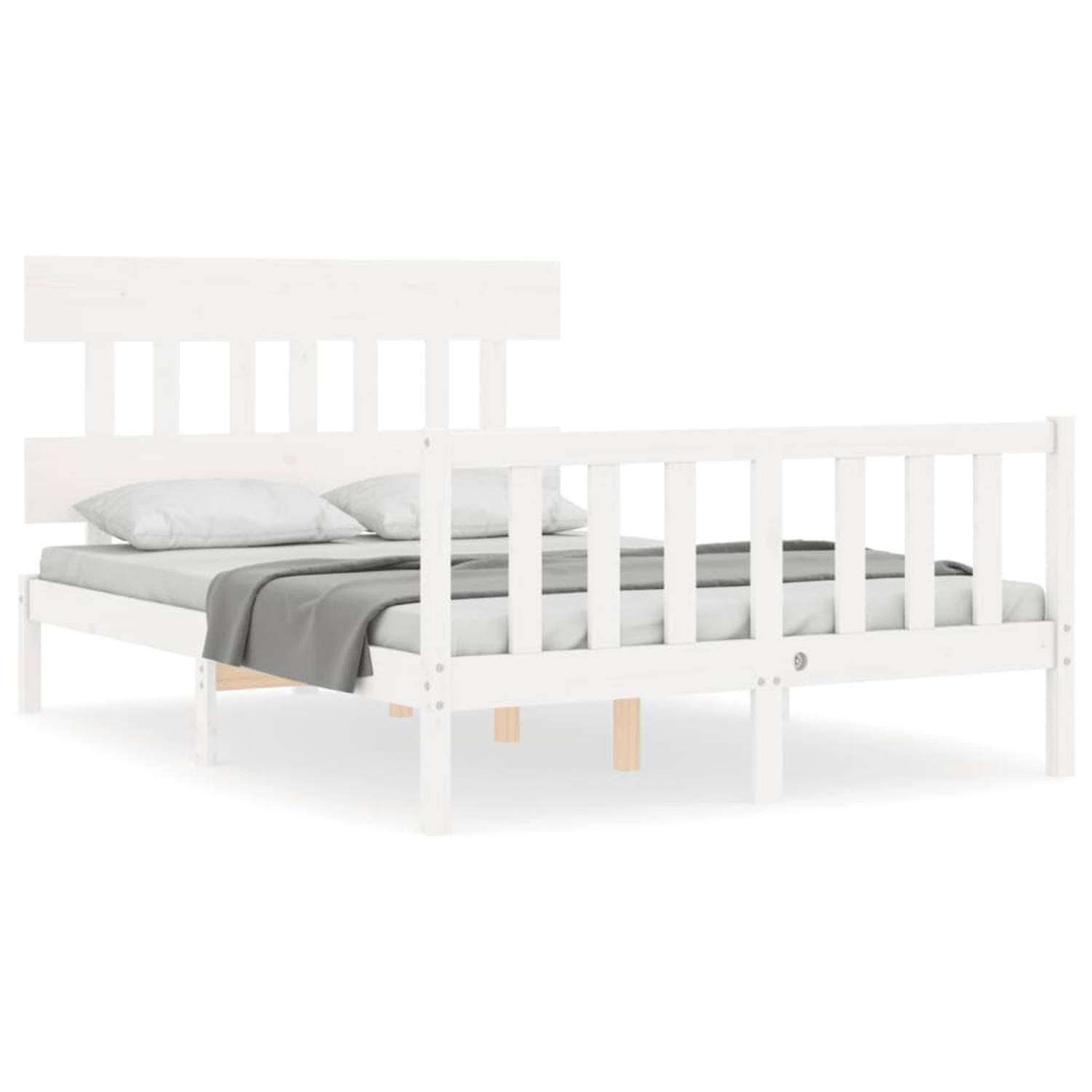 The Living Store Bedframe met hoofdbord massief hout wit 120x200 cm - Bedframe - Bedframes - Bed - Tweepersoonsbed - Slaapkamermeubel - Houten Bedframe - Houten Bed - Bedbodem - Ma