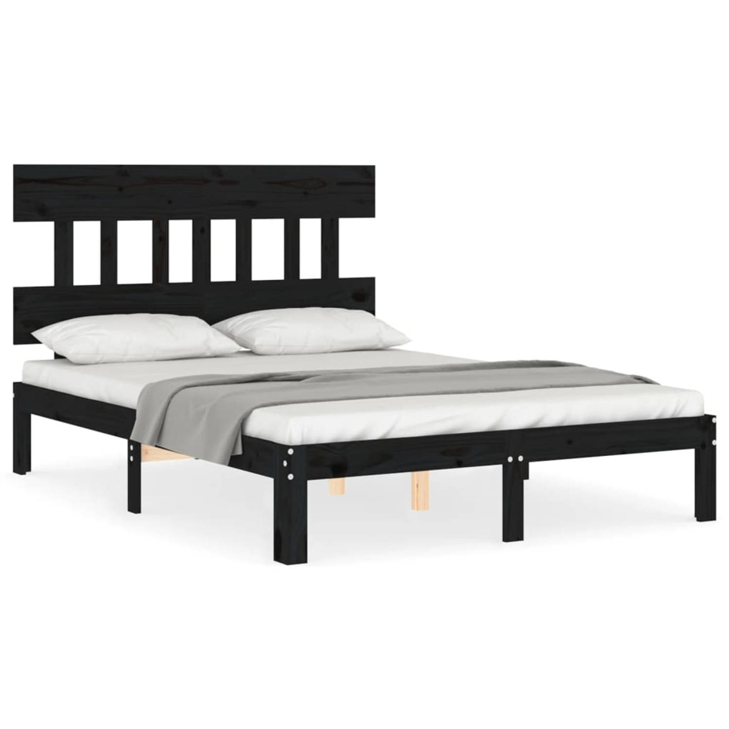 The Living Store Massief grenenhouten bedframe - zwart - 203.5 x 123.5 x 81 cm - Multiplex lattenbodem