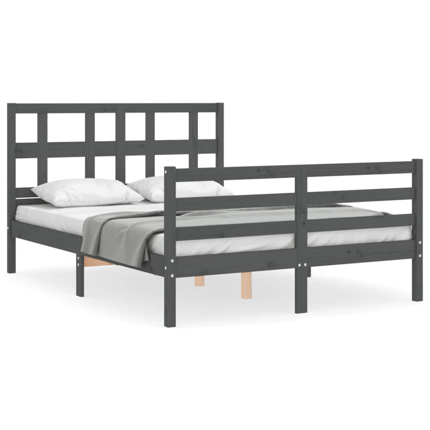 The Living Store Bedframe met hoofdbord massief hout grijs 120x200 cm - Bed