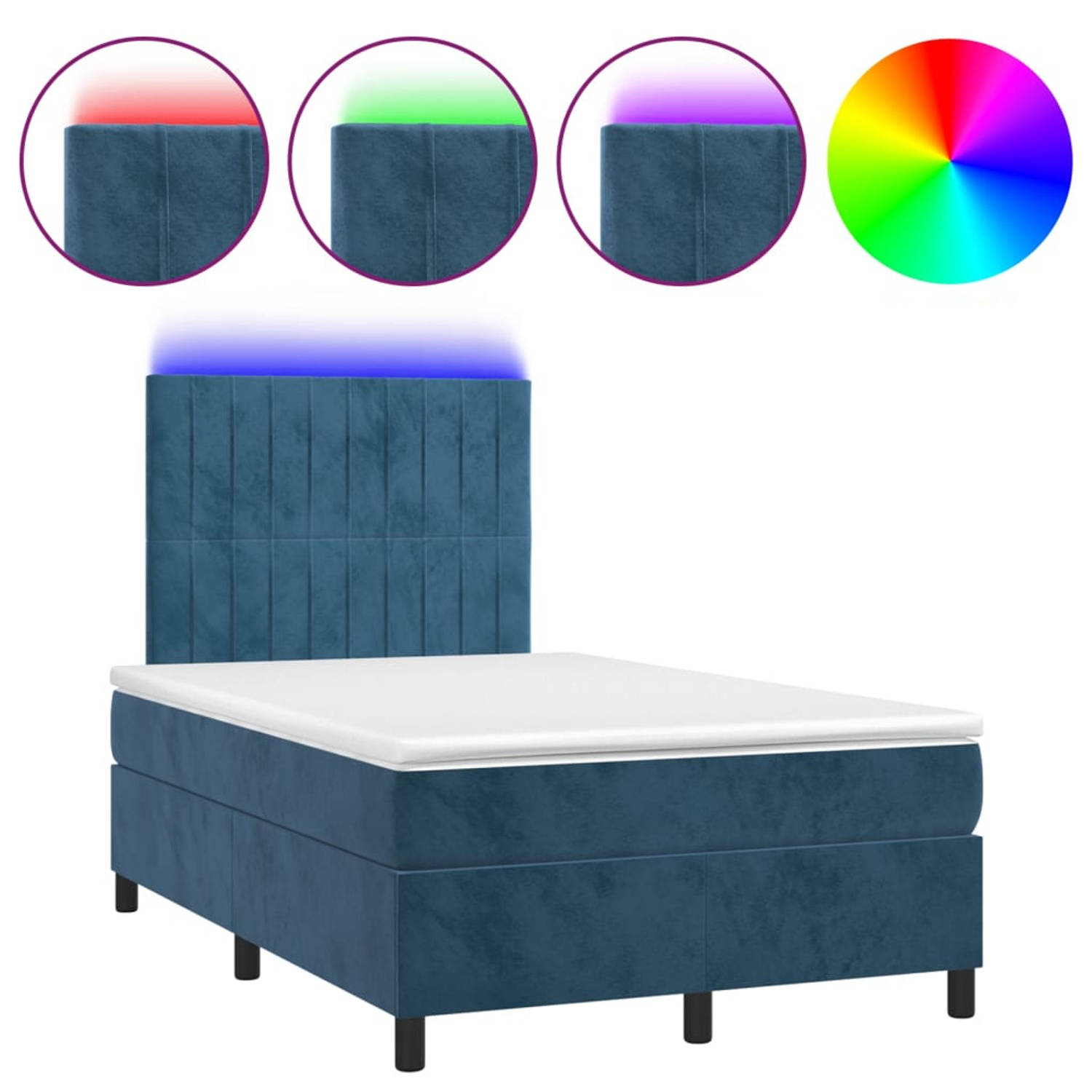 The Living Store Boxspring Donkerblauw Fluweel - 203x120x118/128 cm - LED