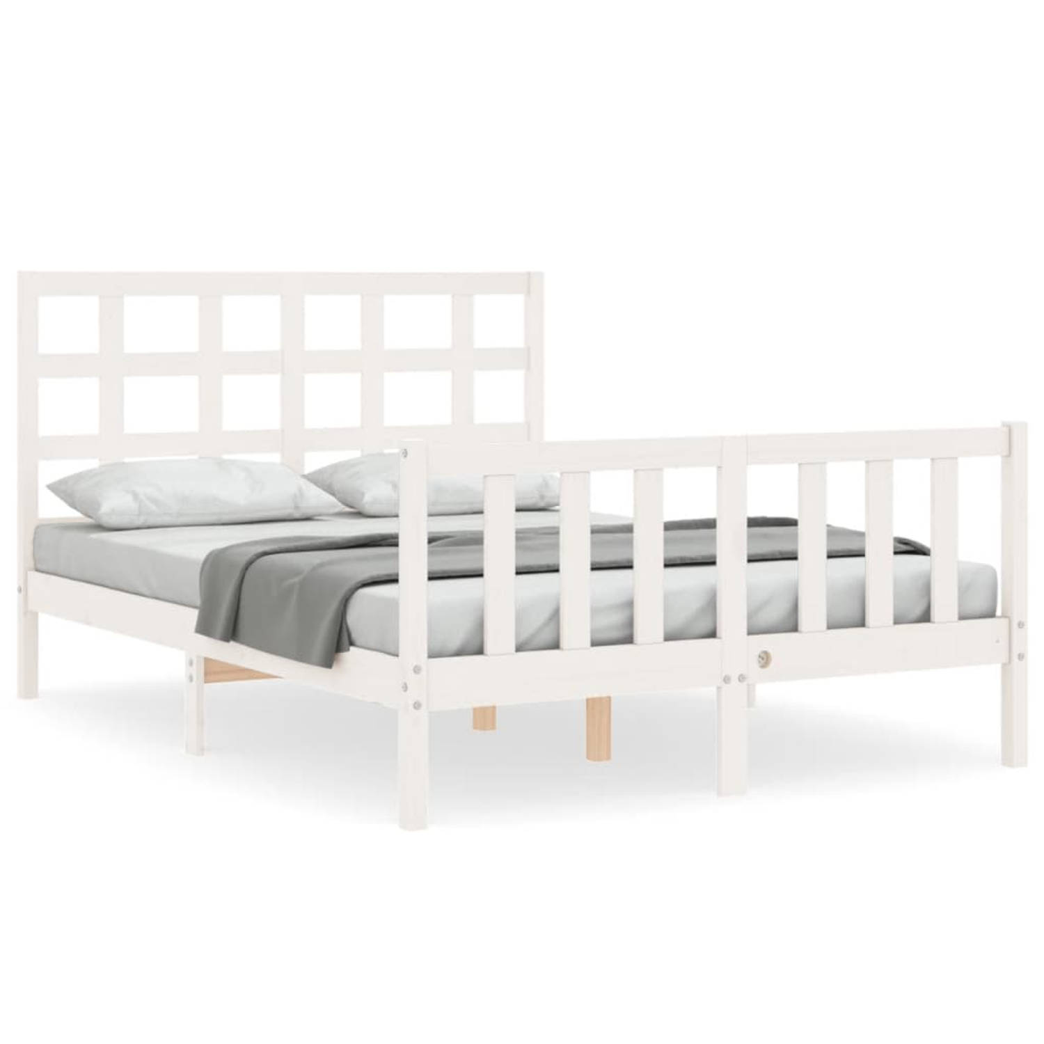 The Living Store Bedframe met hoofdbord massief hout wit 120x200 cm - Bedframe - Bedframes - Bed - Tweepersoonsbed - Slaapkamermeubel - Houten Bedframe - Houten Bed - Bedbodem - Ma