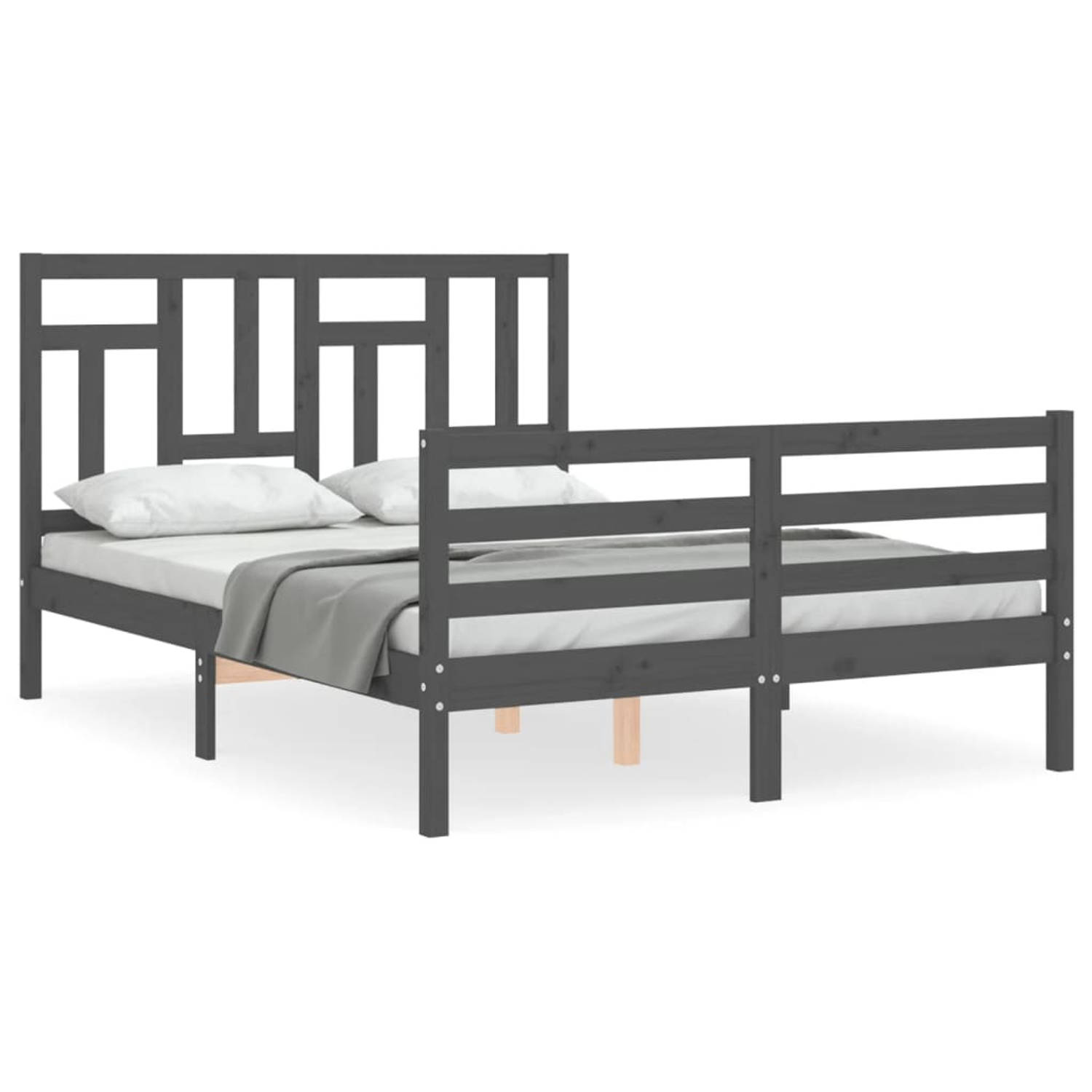 The Living Store Bedframe met hoofdbord massief hout grijs 140x200 cm - Bedframe - Bedframes - Bed - Tweepersoonsbed - Slaapkamermeubel - Houten Bedframe - Houten Bed - Bedbodem -