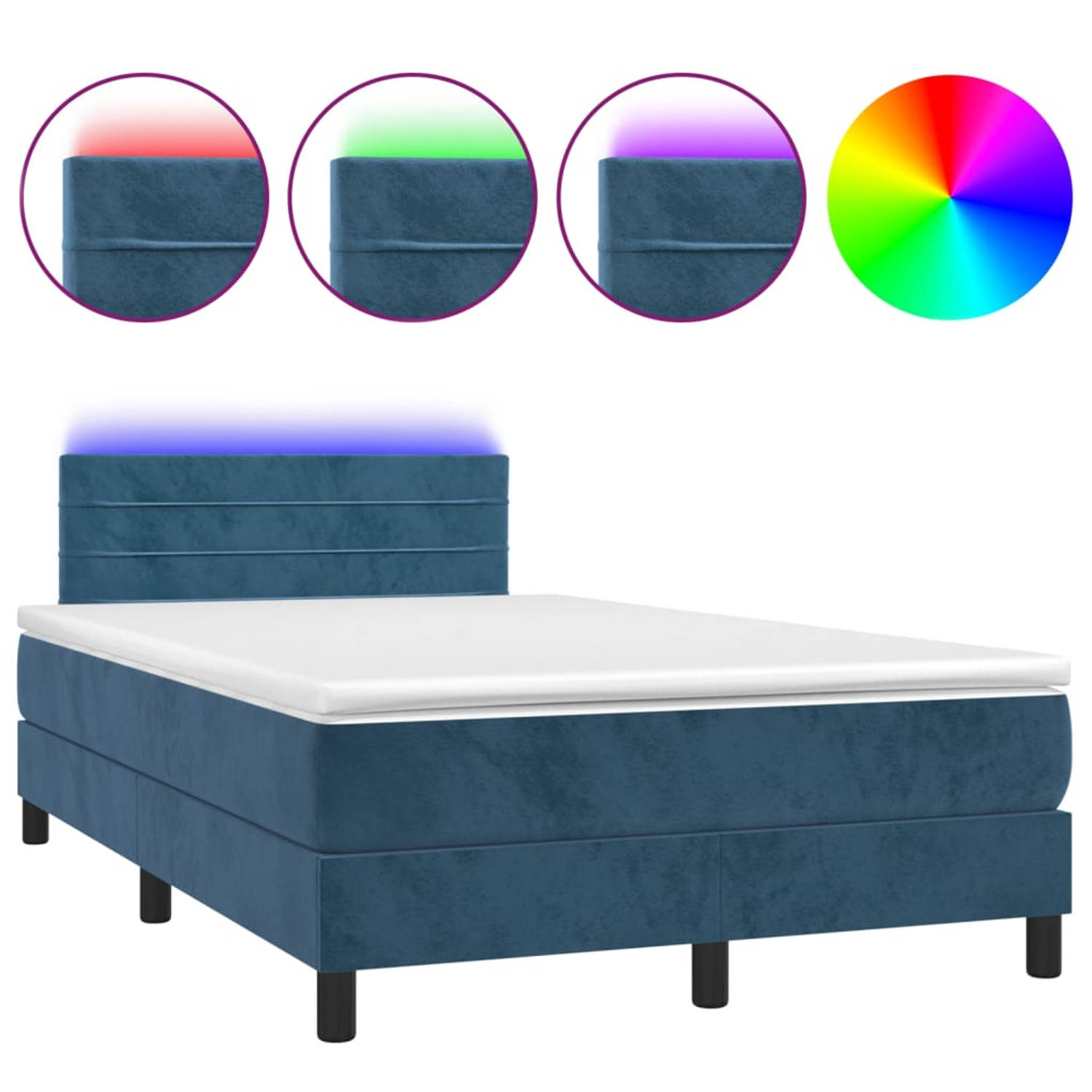 The Living Store Boxspring Bed - Donkerblauw Fluweel - 203 x 120 x 78/88 cm - Met LED