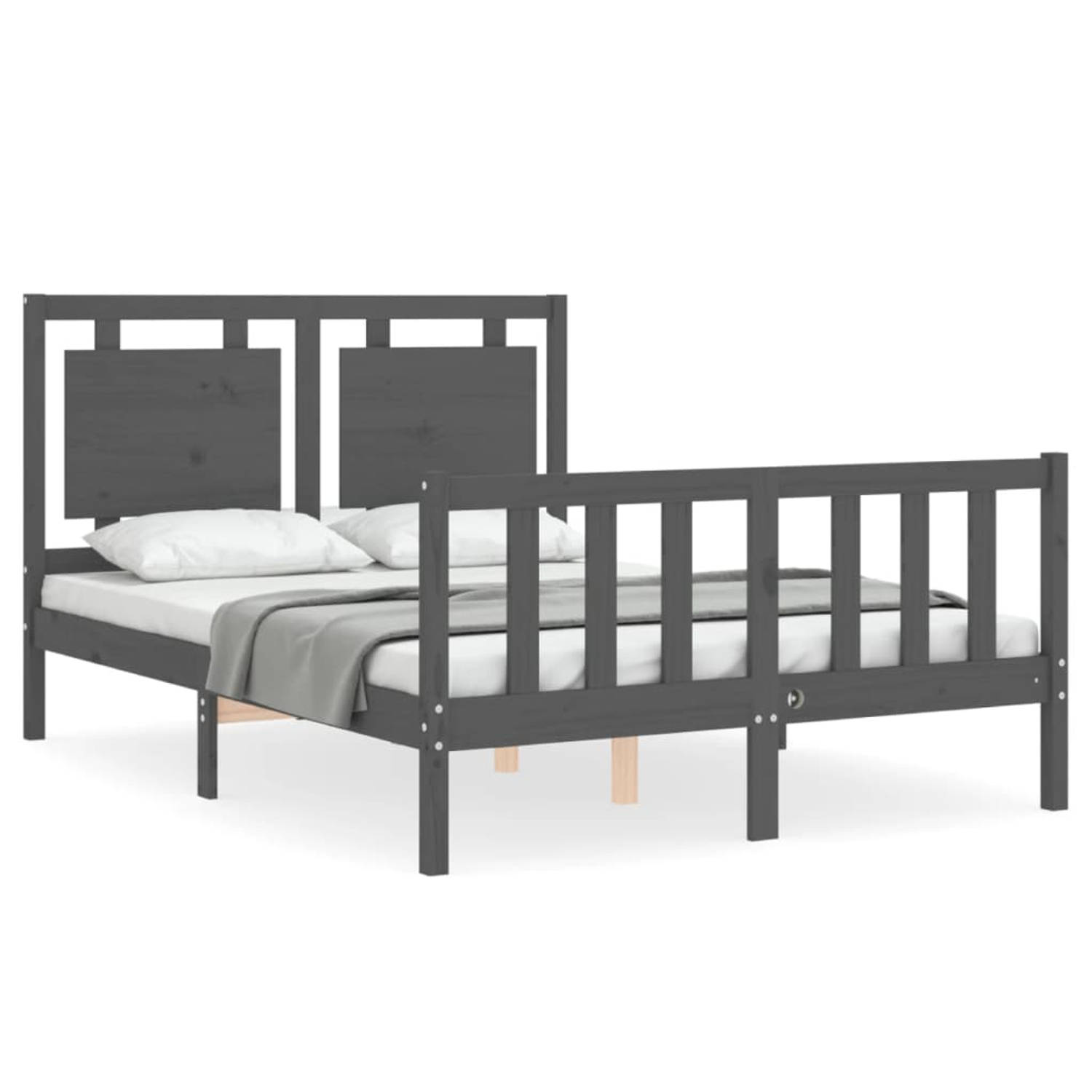 The Living Store Bedframe met hoofdbord massief hout grijs 120x200 cm - Bedframe - Bedframes - Bed - Tweepersoonsbed - Slaapkamermeubel - Houten Bedframe - Houten Bed - Bedbodem -