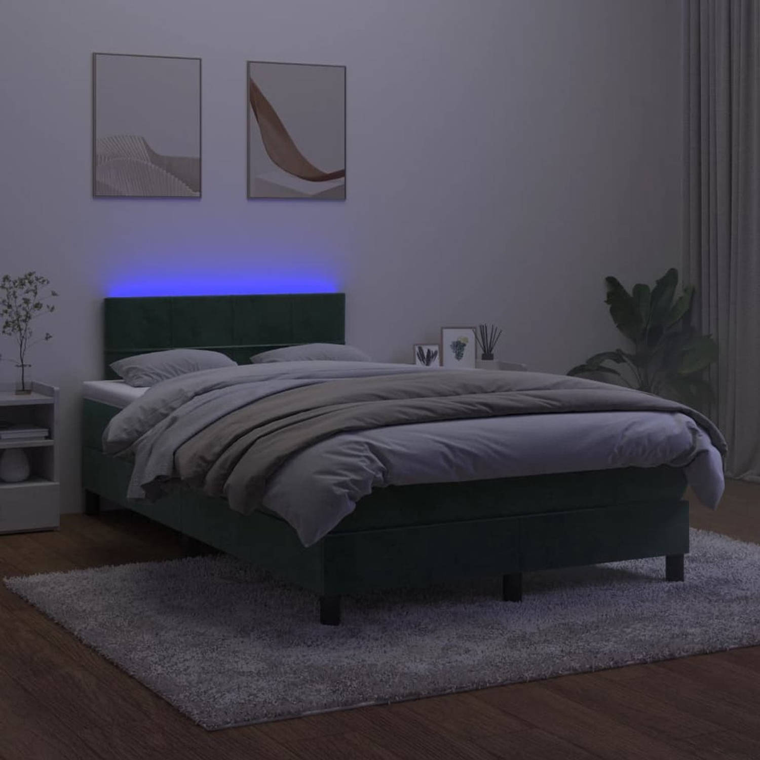 The Living Store Bed Donkergroen Fluweel - Pocketvering Matras - Verstelbaar Hoofdbord - LED-verlichting
