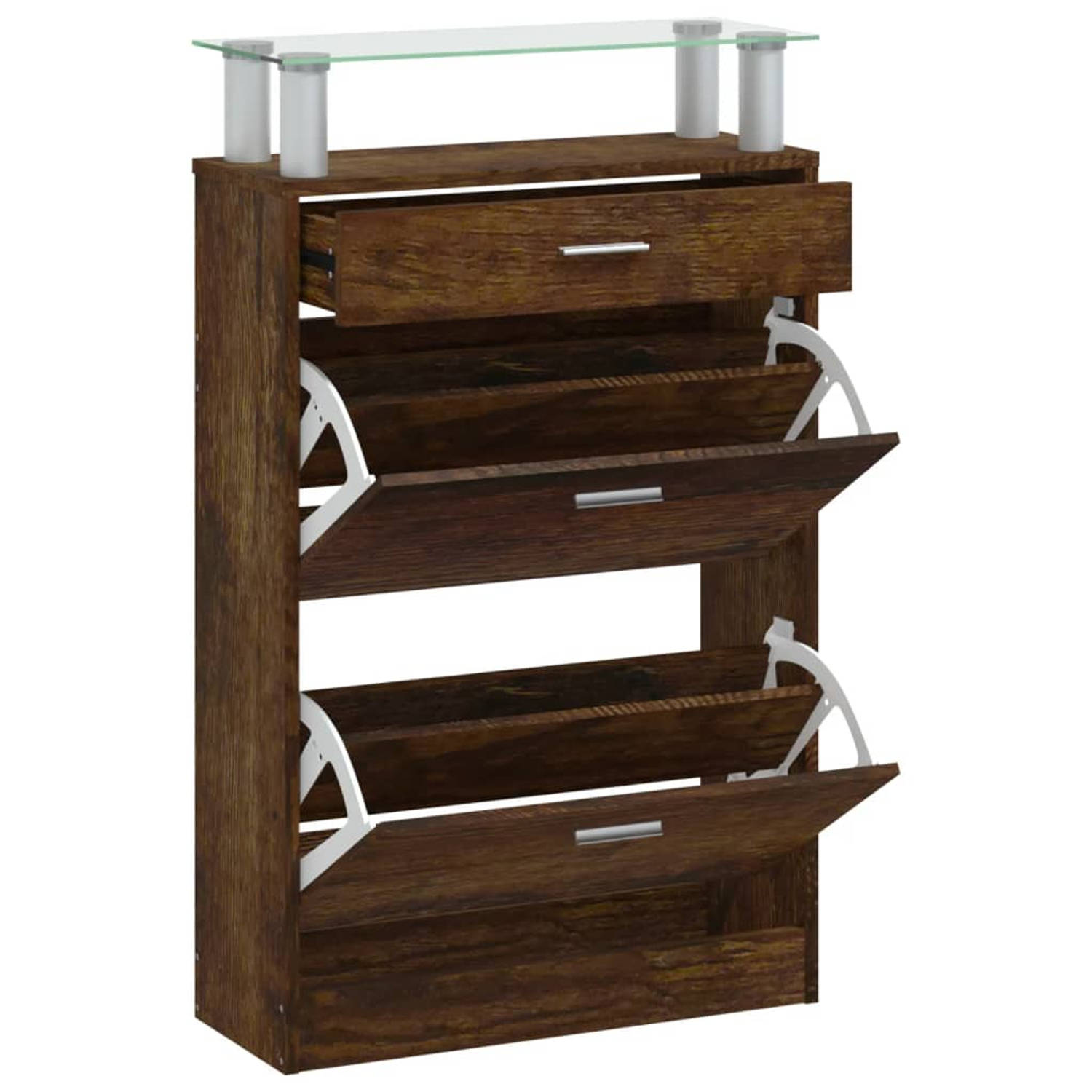 The Living Store Schoenenkast Smoked Oak - 63x24x104 cm - 3 Lades - Gehard glas