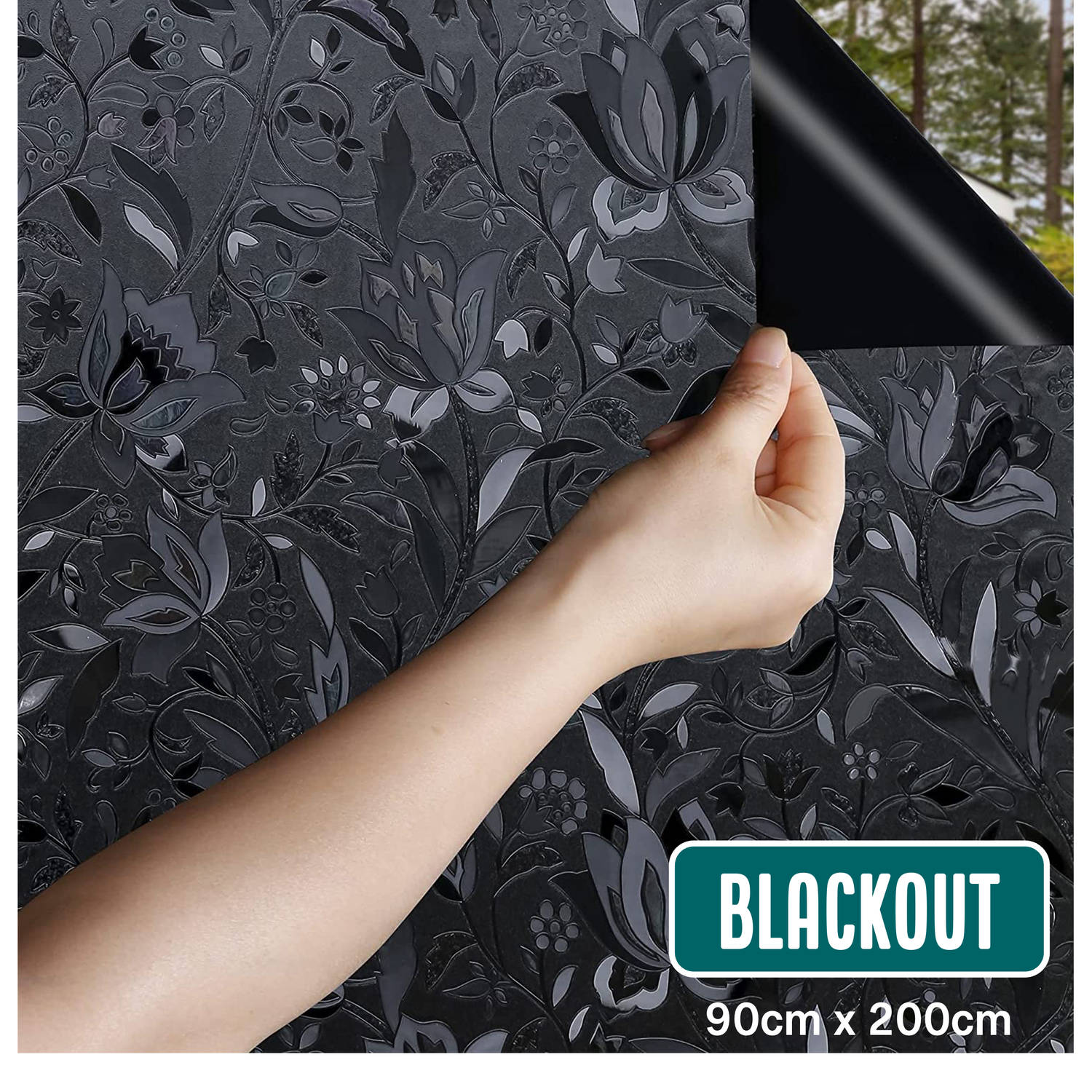 Verduisteringsdoek 90x200cm Raamfolie Verduisterend Anti Inkijk, Isolerend Statisch Bloemen-Zwart