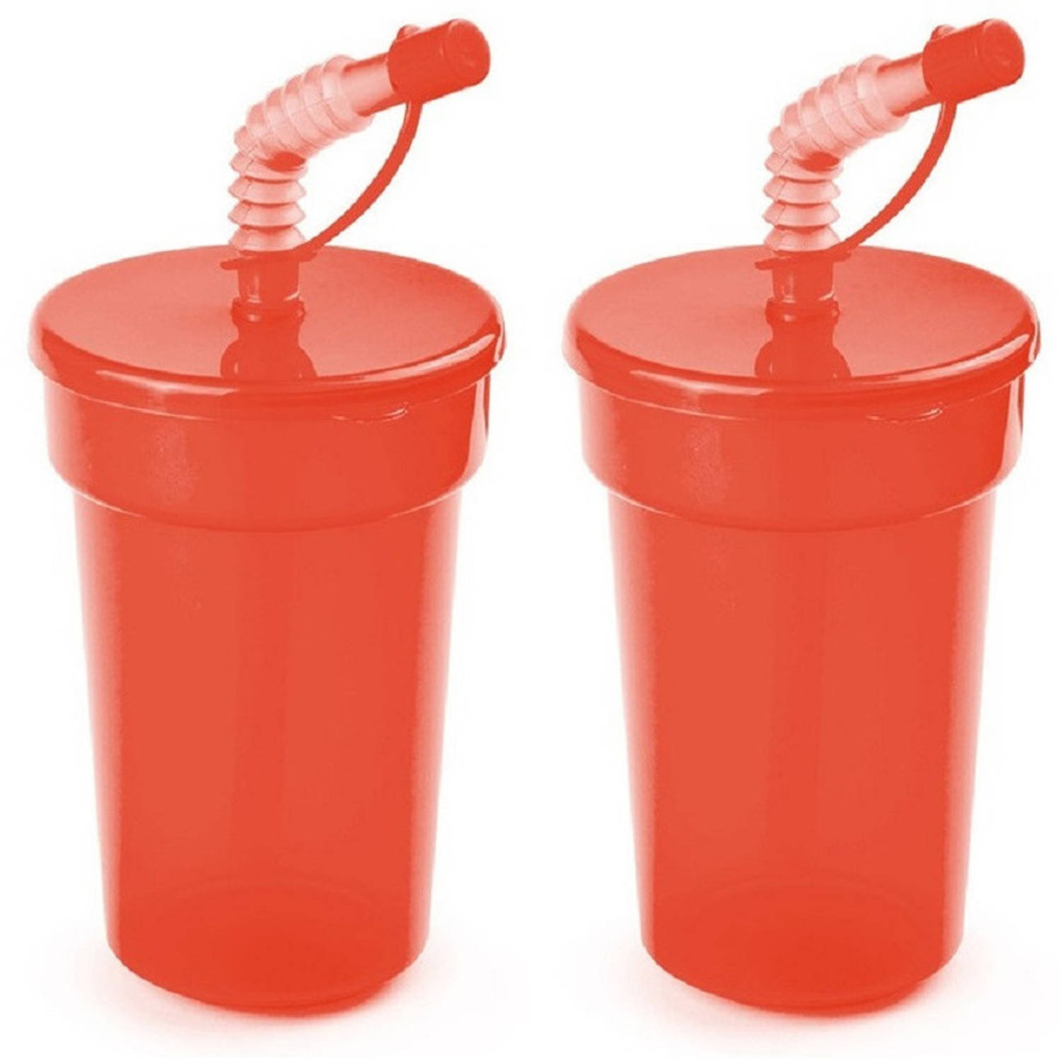 Set van 4x stuks afsluitbare plastic drinkbeker rood 400 ml met rietje voor kinderen Drinkbekers