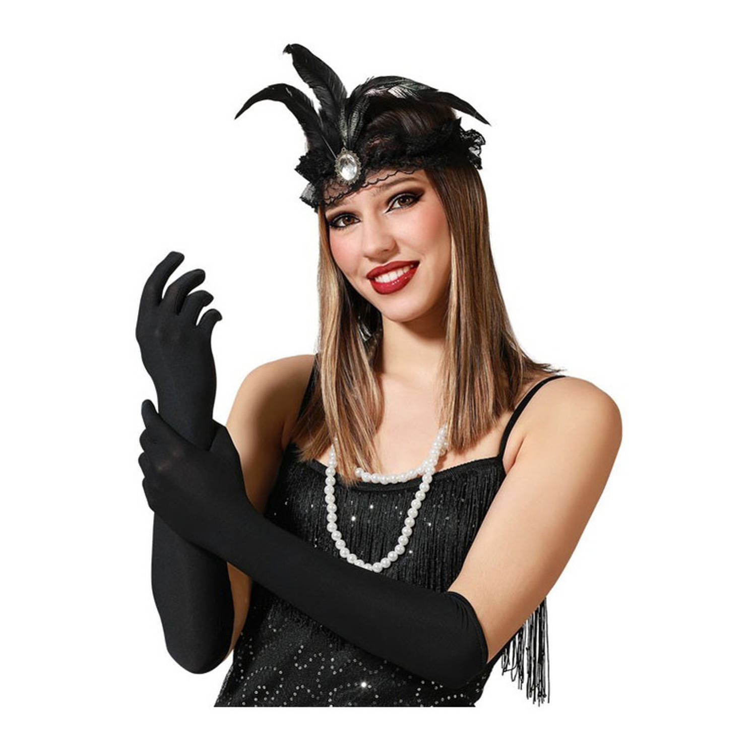 Verkleed party handschoenen voor dames polyester zwart one size lang model Verkleedhandschoenen