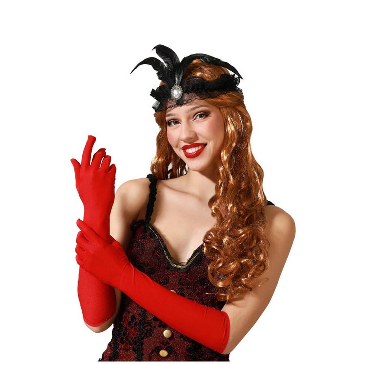 Verkleed party handschoenen voor dames - polyester - rood - one size - lang model