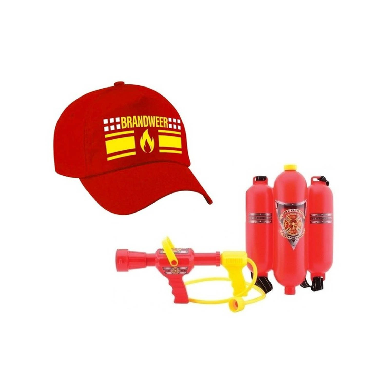 Brandweer met vlam carnaval pet met waterpistool brandblusser Verkleedattributen