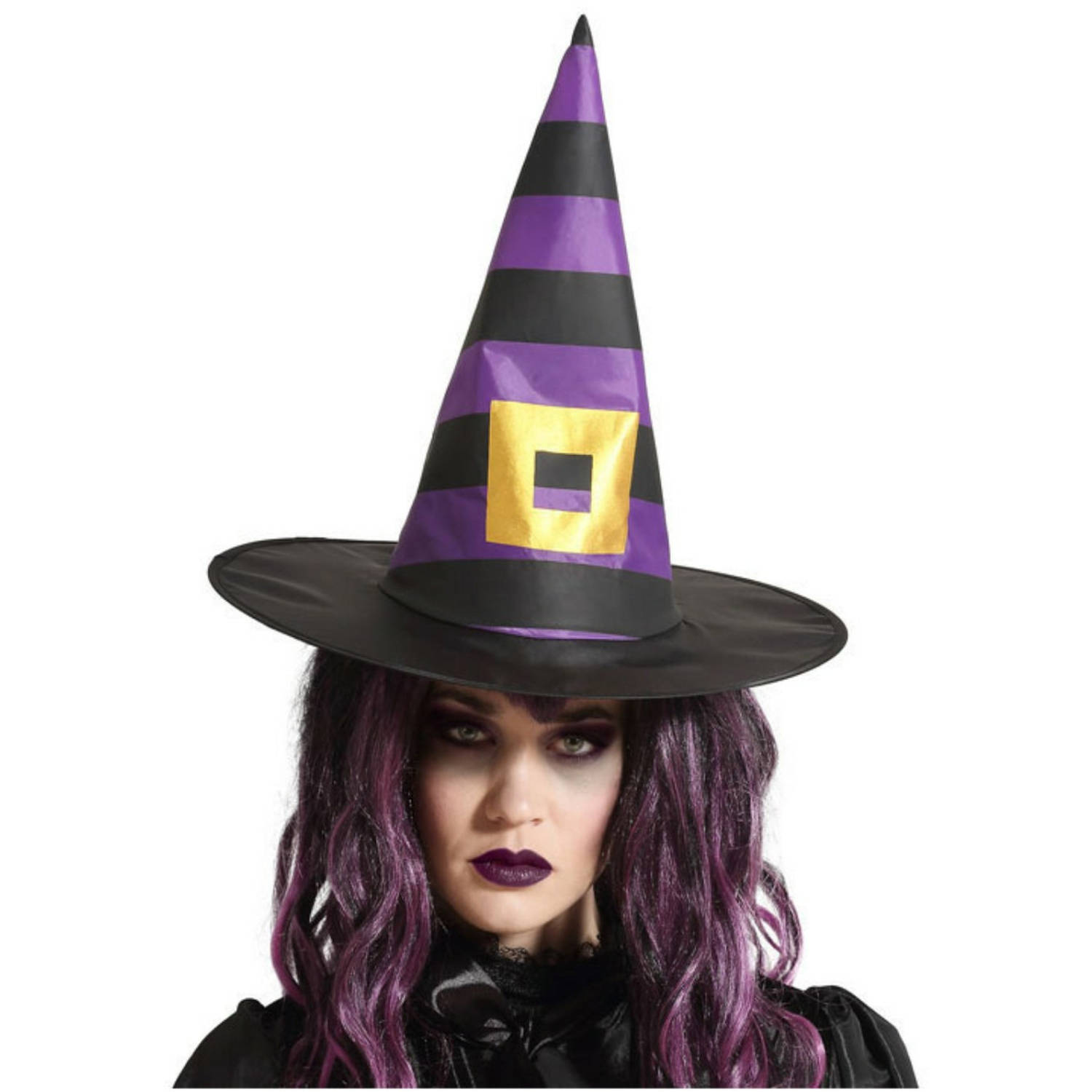 Halloween heksenhoed Stripes - one size - zwart/paars - meisjes/dames - verkleed hoeden