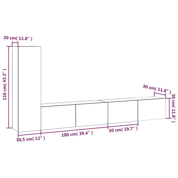 The Living Store TV-meubelset - Hoogglans wit - 2x 100x30x30 cm + 1x 30.5x30x110 cm