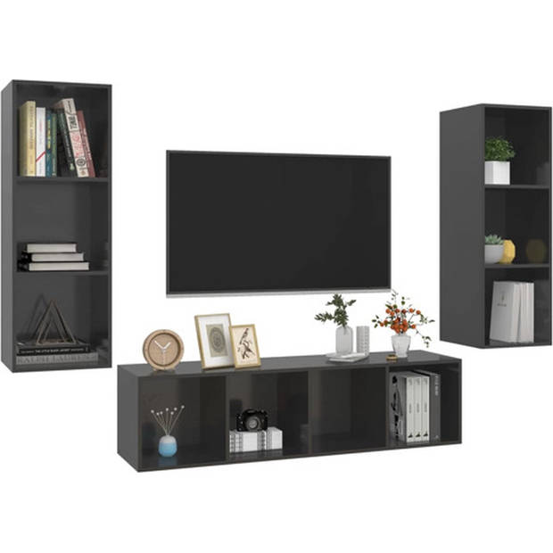 The Living Store Tv-meubelset Stereokasten - 37 x 37 x 107 cm - 142.5 cm - Hoogglans grijs - Montage vereist