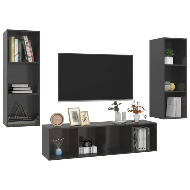 The Living Store Tv-meubelset Stereokasten - 37 x 37 x 107 cm - 142.5 cm - Hoogglans grijs - Montage vereist