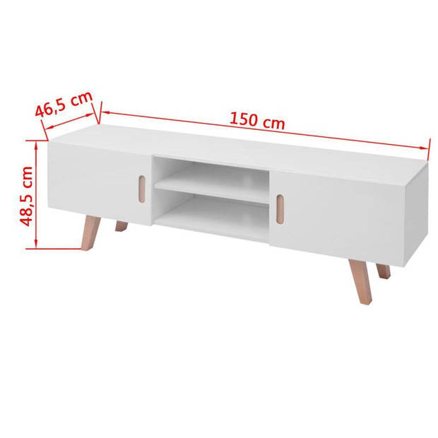 The Living Store Hoogglans TV-meubel - 150 x 35 x 48.5 cm - wit - MDF - beukenhout - staal