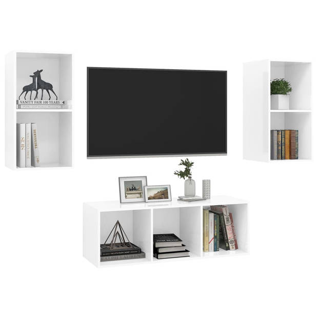 The Living Store TV-meubelset - Stereokasten - Hoogglans wit - 2x 37x37x72 cm - 1x 37x37x107 cm