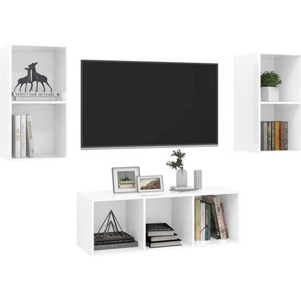 The Living Store TV-meubelset - Stereokasten - Hoogglans wit - 2x 37x37x72 cm - 1x 37x37x107 cm