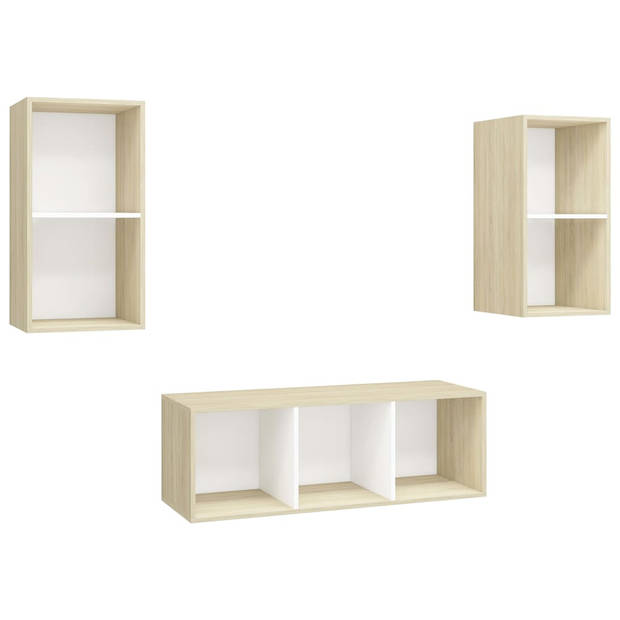 The Living Store TV-meubelset Stereo - 37 x 37 x 72 cm - 37 x 37 x 107 cm - Wit en sonoma eiken - Spaanplaat