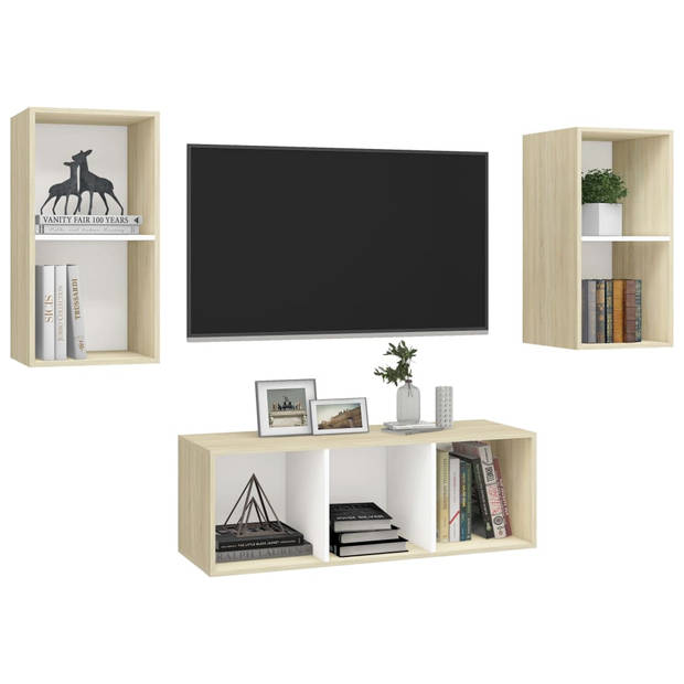 The Living Store TV-meubelset Stereo - 37 x 37 x 72 cm - 37 x 37 x 107 cm - Wit en sonoma eiken - Spaanplaat