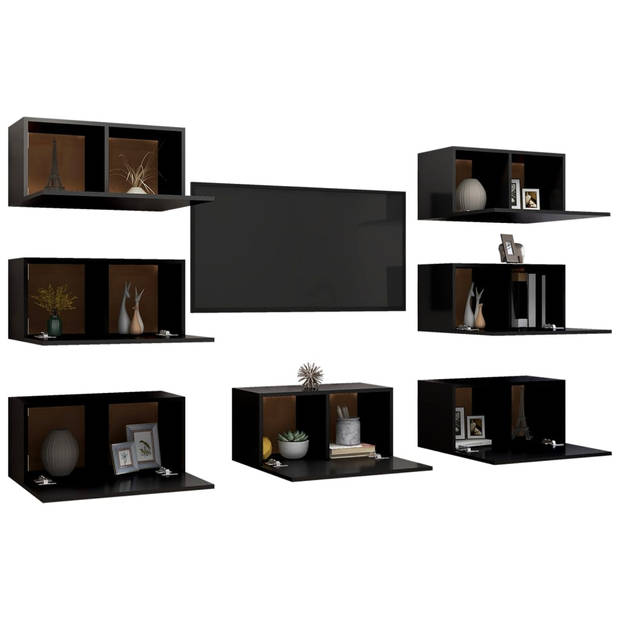 The Living Store Hangende televisiekastenset - Wandmeubelen - 30.5 x 30 x 60 cm - Zwarte spaanplaat - 7 x tv-meubel