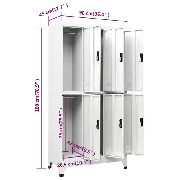 The Living Store Lockerkasten - Staal - 90x45x180 cm - Wit - Met 6 deuren