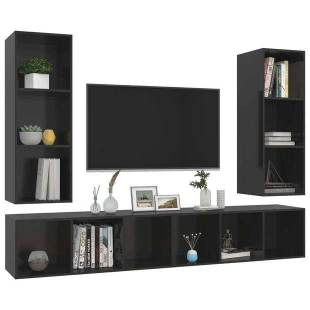 The Living Store Televisiewandmeubelset - Hoogglans zwart - Spaanplaat - 107 cm - 4 x tv-meubel