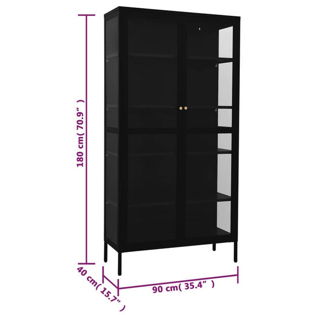 vidaXL Vitrinekast 90x40x180 cm staal en gehard glas zwart