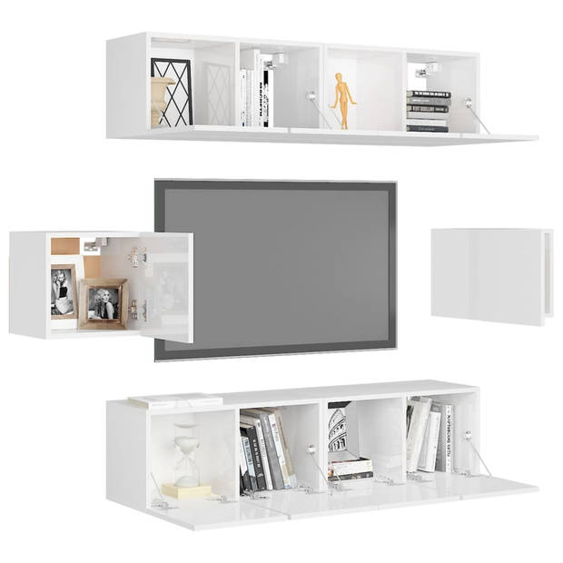 The Living Store Televisiemeubelset Wandmontage - Hoogglans wit - 4x 60x30x30cm - 2x 30.5x30x30cm