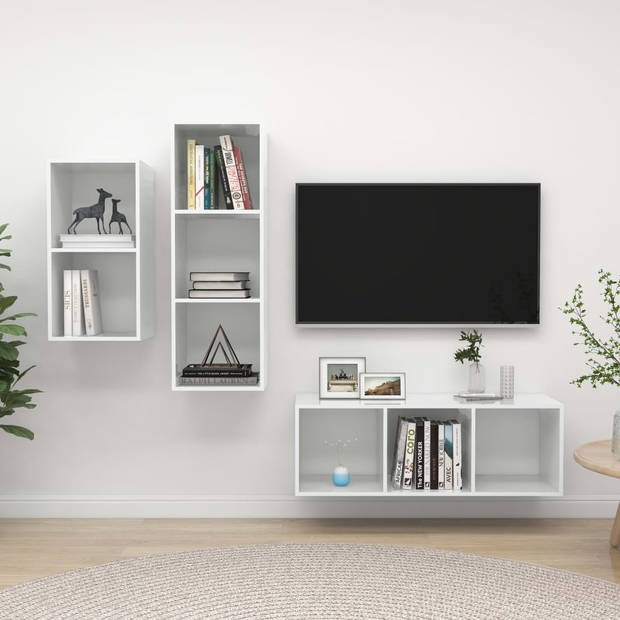 The Living Store TV-meubel set - hoogglans wit - 1x 37x37x72cm + 2x 37x37x107cm - spaanplaat