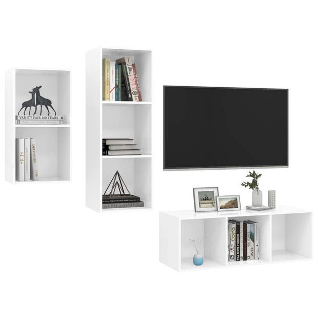 The Living Store TV-meubel set - hoogglans wit - 1x 37x37x72cm + 2x 37x37x107cm - spaanplaat