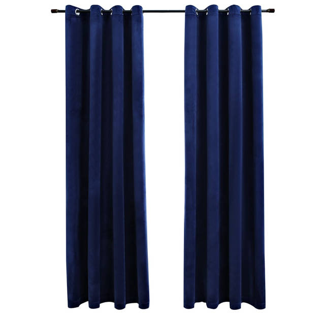 The Living Store Donkerblauwe Fluwelen Gordijnen - 140 x 225 cm - 100% polyester - Met metalen ringen