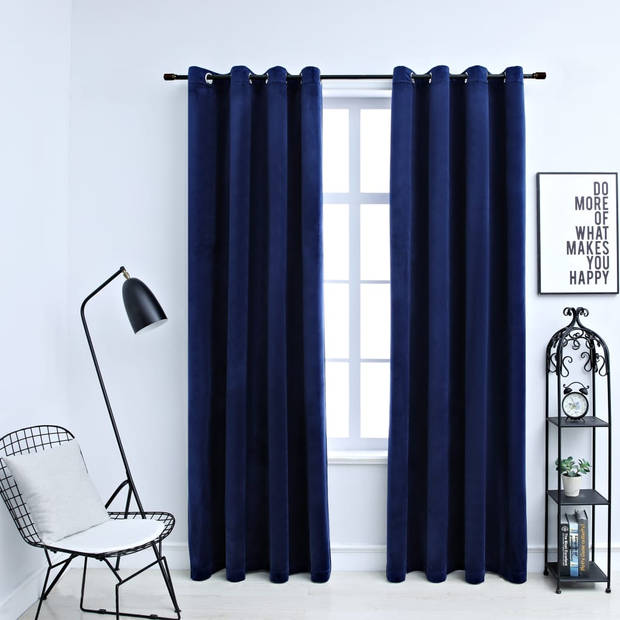 The Living Store Donkerblauwe Fluwelen Gordijnen - 140 x 225 cm - 100% polyester - Met metalen ringen