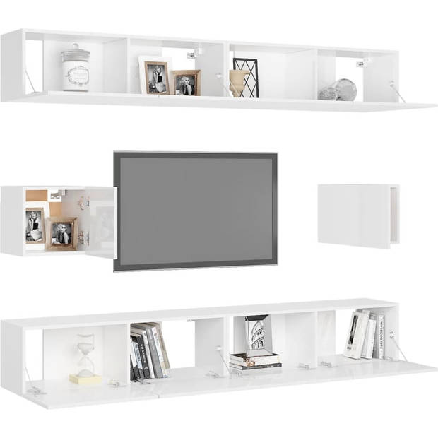 The Living Store Tv-wandmeubelset - Hoogglans wit - Spaanplaat - Montage vereist - 4x 100x30x30 cm - 2x 30.5x30x30 cm