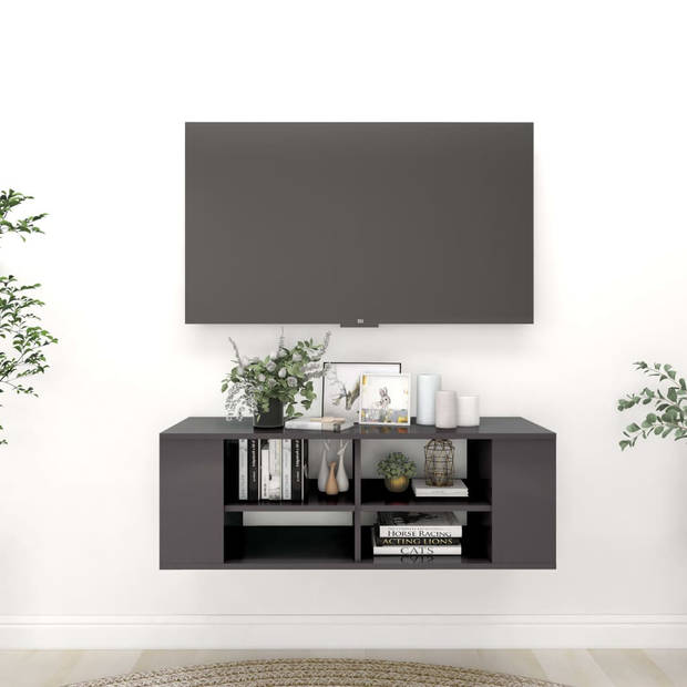 The Living Store Hangend TV-meubel - Stereokast - Hoogglans grijs - 102 x 35 x 35 cm - Verstelbare middenschappen