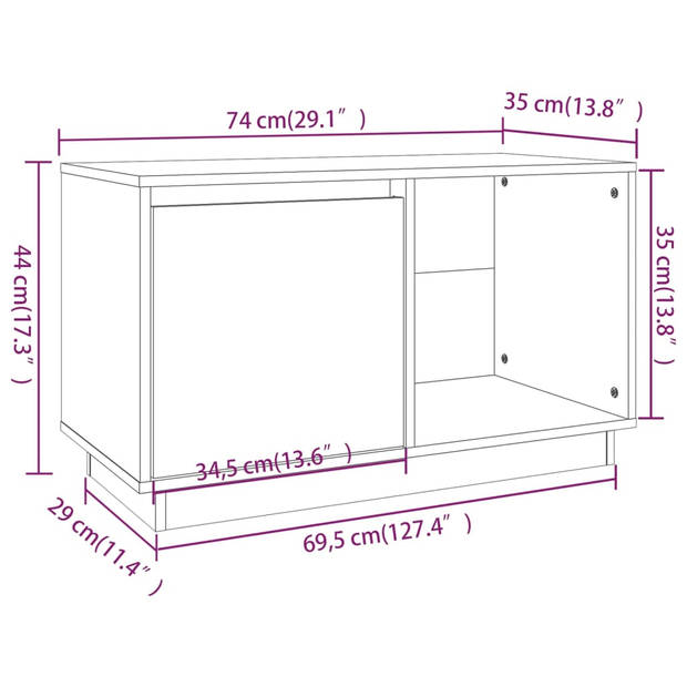 vidaXL Tv-meubel 74x35x44 cm massief grenenhout wit