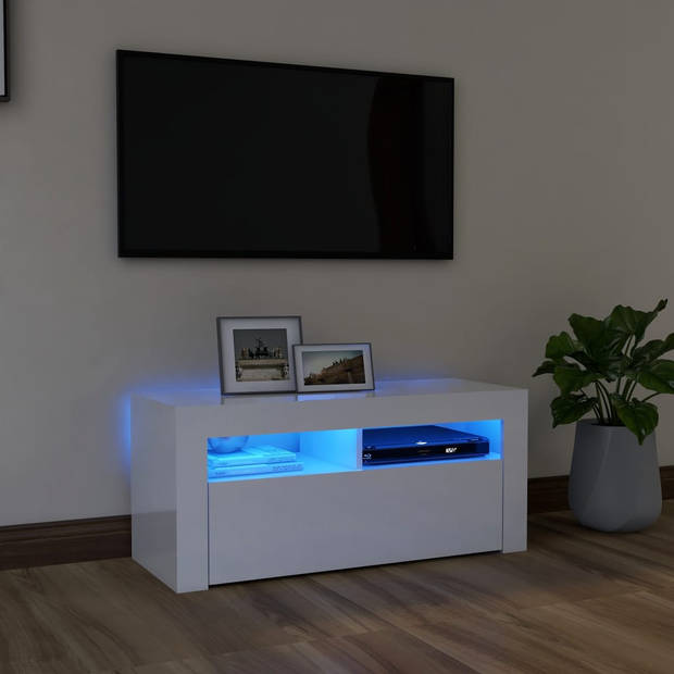 The Living Store TV-meubel Hifi-kast - 90x35x40 cm - RGB LED-verlichting - hoogglans wit