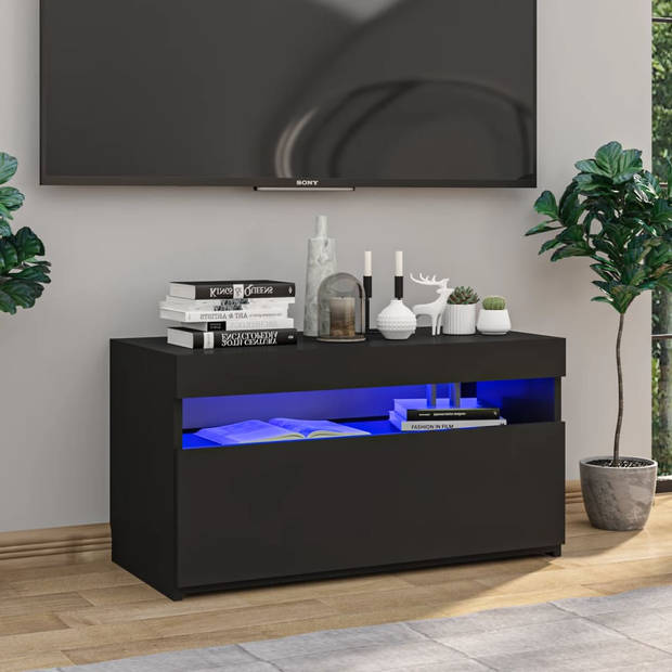The Living Store Mediakast - TV-meubel met LED-verlichting - 75 x 35 x 40 cm - Zwart - Bewerkt hout