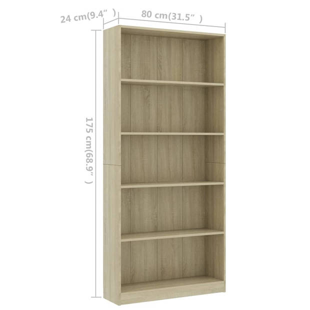 The Living Store Boekenkast - Sonoma eiken - 80x24x175 cm - 5-laags