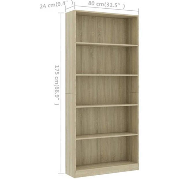 The Living Store Boekenkast - Sonoma eiken - 80x24x175 cm - 5-laags