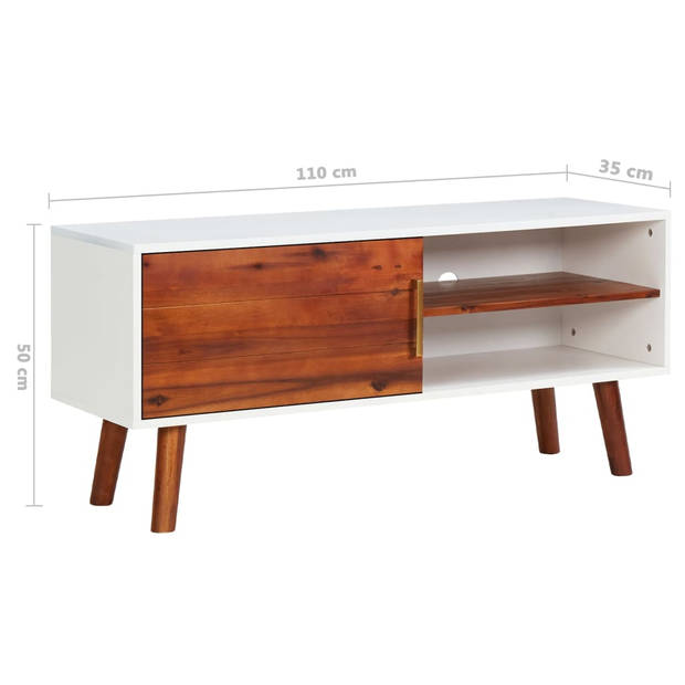 The Living Store TV-kast - Massief acaciahout - 110 x 35 x 50 cm - Wit MDF