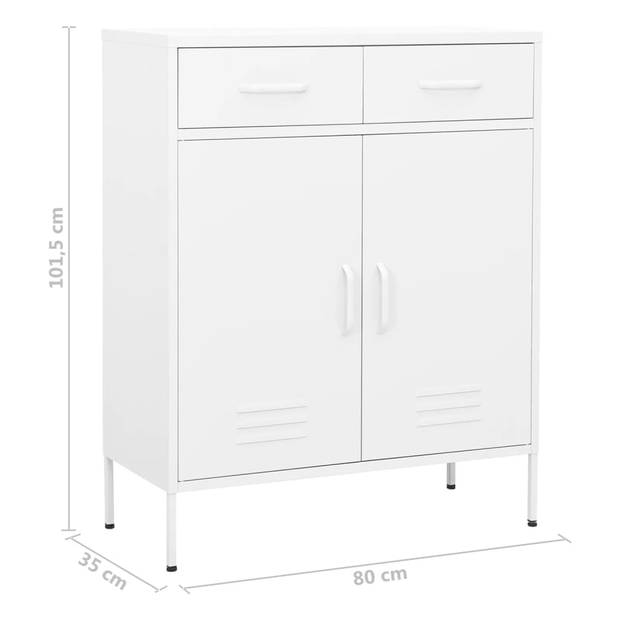 The Living Store Opbergkast - Stalen kast - Wit - 80 x 35 x 101.5 cm - 2 deurtjes - 2 lades - Draagvermogen 100 kg