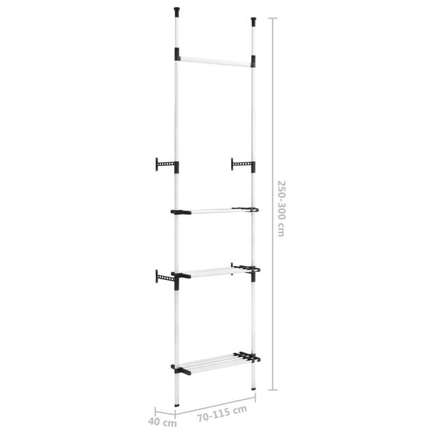 The Living Store Telescopisch Kledingrek - Opbergrek - 70-115 x 40 x 250-300 cm - Zilver/Zwart - Aluminium