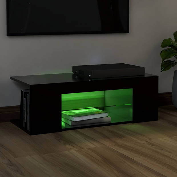 The Living Store Tv-meubel - LED-verlichting - Hifi-kast - 90x39x30 cm - zwart - bewerkt hout