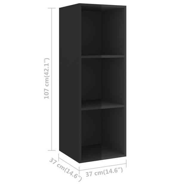 The Living Store Televisiewandmeubelset - Hoogglans zwart - 37 x 37 x 107 cm + 37 x 37 x 142.5 cm